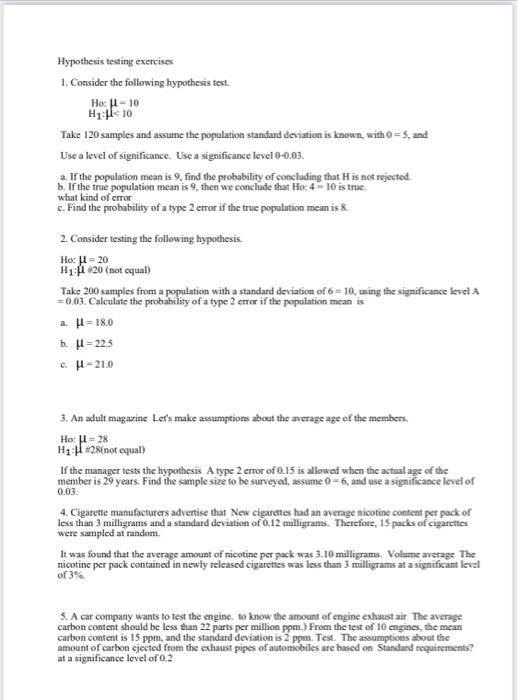 Solved Hypothesis testing exercises 1. Consider the | Chegg.com
