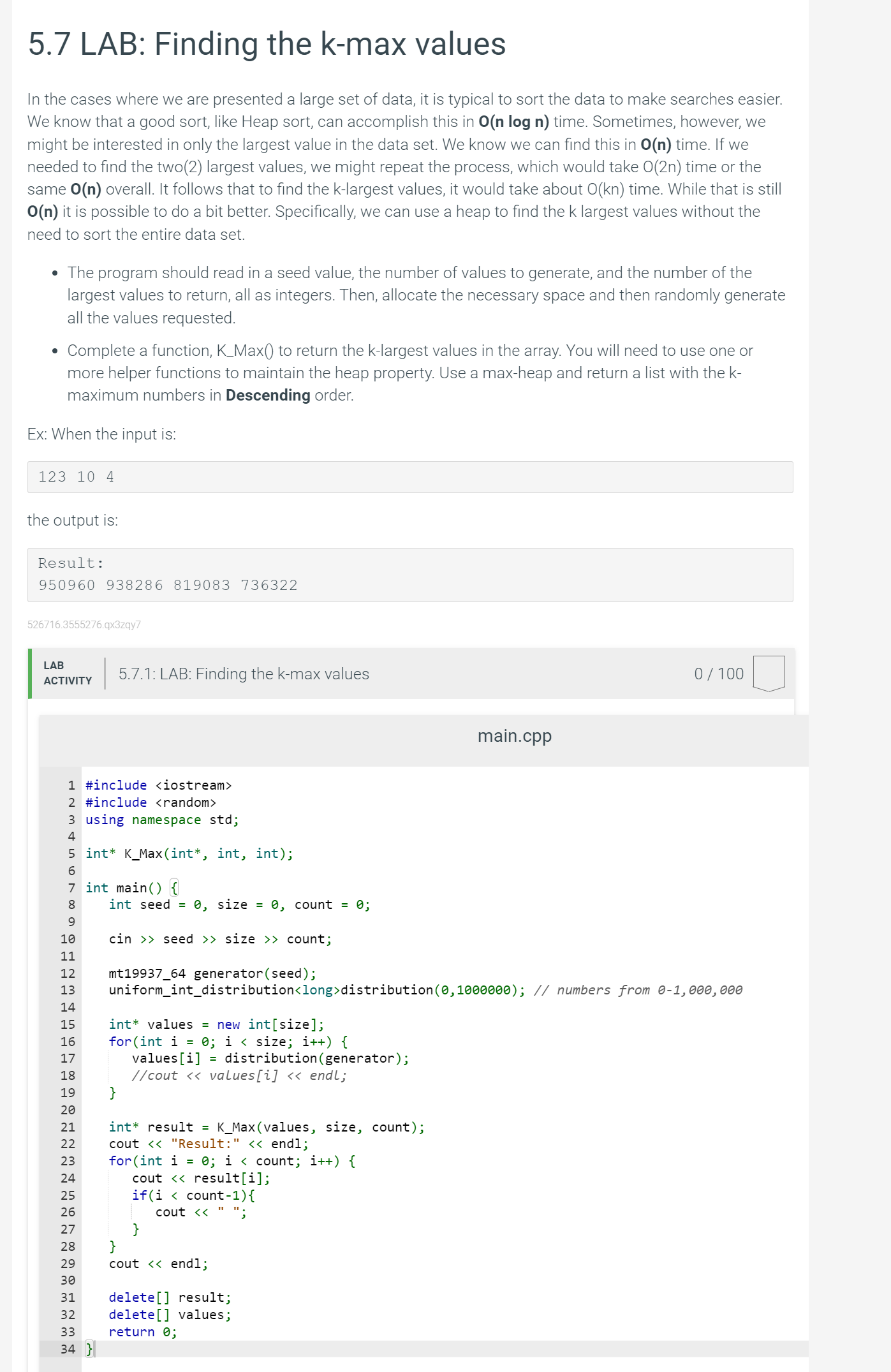 Using C++!! 5.7 LAB: Finding the k-max valuesIn the | Chegg.com