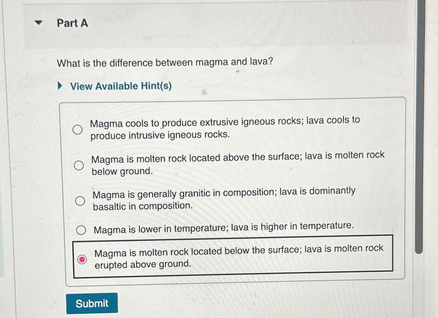 Solved Part AWhat is the difference between magma and | Chegg.com