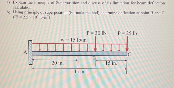 a) Explain the Principle of Superposition and discuss of its limitation for beam deflection calculation.
b) Using principle o