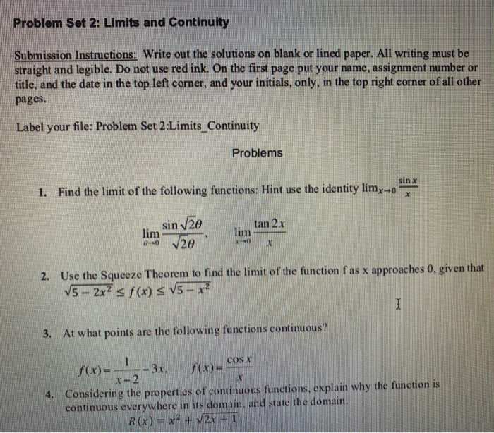 Solved Problem Set 2: Limits and Continuity Submission | Chegg.com