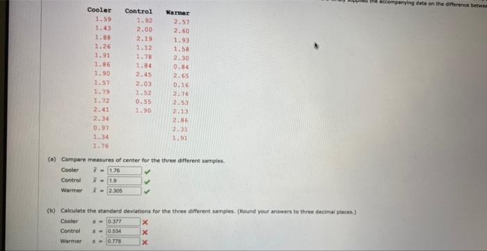 (a) Compare measures of center for the three different samples.
\( \begin{array}{ll}\text { Cooler } & z= \\ \text { Control 