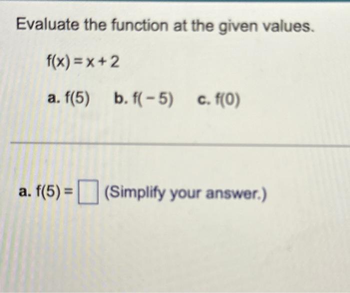 Solved Evaluate the function at the given values. f(x)=x+2 | Chegg.com