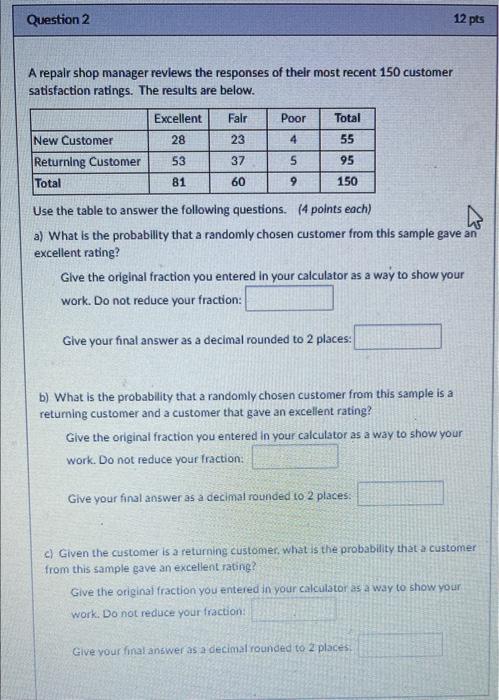 Solved Question 2 12 pts A repair shop manager reviews the | Chegg.com