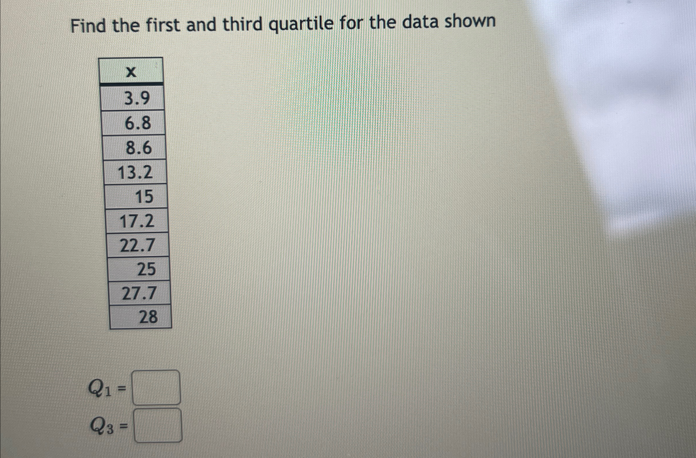 Solved Find the first and third quartile for the data | Chegg.com
