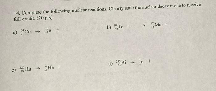 Solved 14. Complete The Following Nuclear Reactions. Clearly | Chegg.com