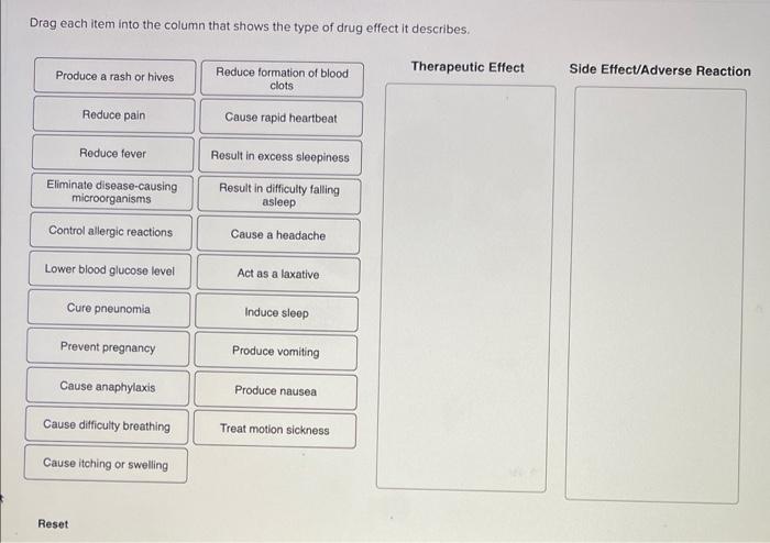 Drag each item into the column that shows the type of drug effect it describes.