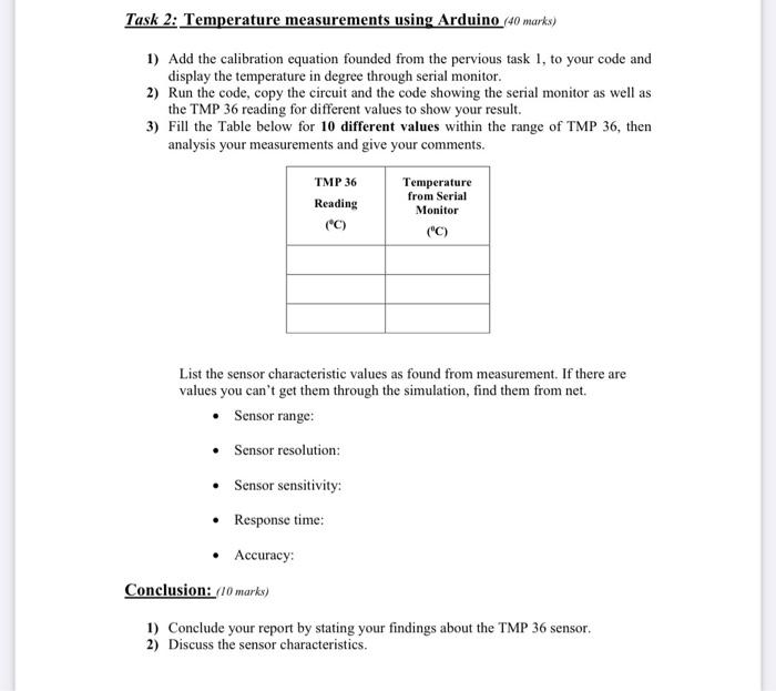 Solved Task 2: Temperature measurements using Arduino (40 | Chegg.com