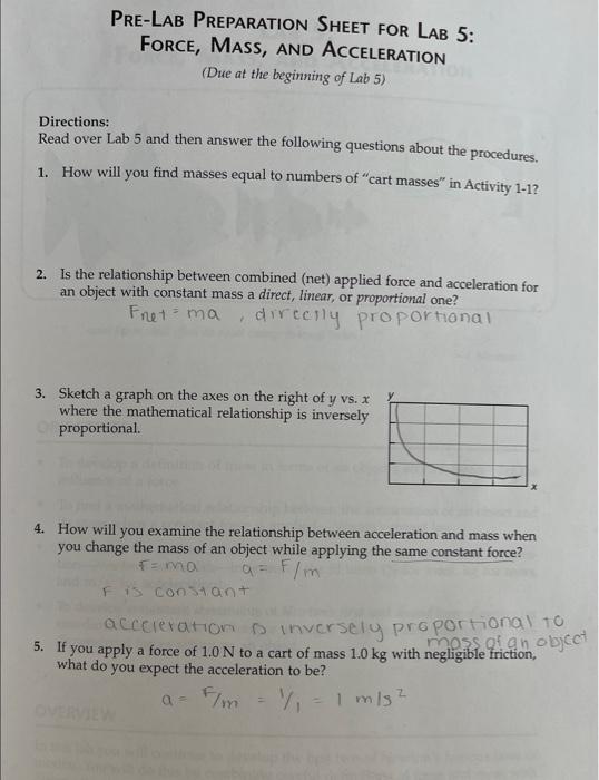 Pre Lab Preparation Sheet For Lab 5 Force Mass And