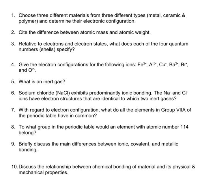 Solved 1. Choose three different materials from three | Chegg.com