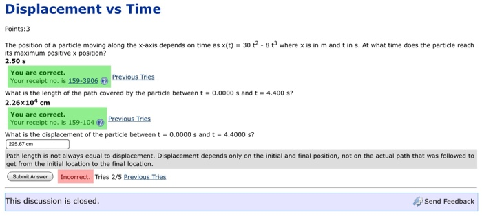 Solved Displacement vs Time Points:3 The position of a | Chegg.com
