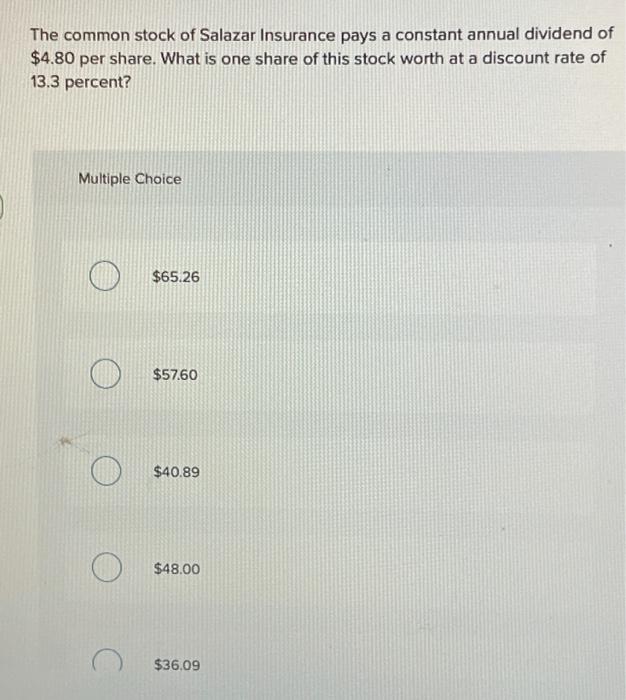 Solved The Common Stock Of Salazar Insurance Pays A Constant Chegg