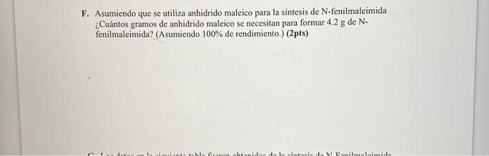 F. Asumiendo que se utiliza anhidrido maleico para la sintesis de N-fenilmaleimida ¿Cuántos gramos de anhidrido maleico se ne