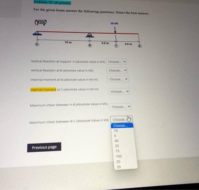 Solved Problem 1F: (6 points) For the given beam answer the | Chegg.com