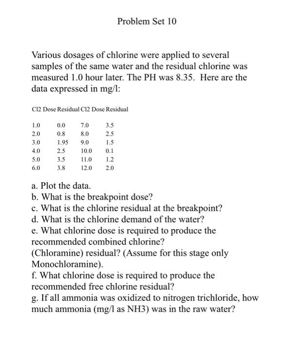 Solved Problem Set 10 Various dosages of chlorine were