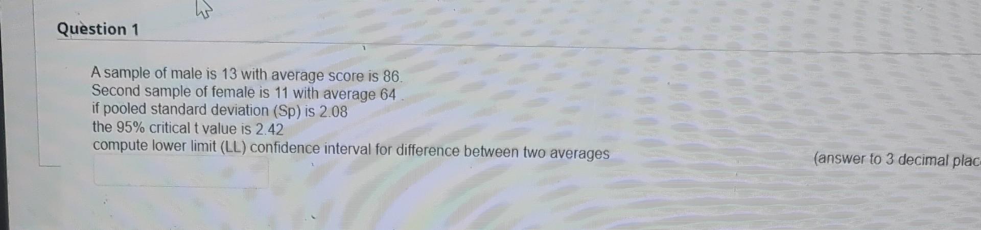 Solved A sample of male is 13 with average score is 86 | Chegg.com