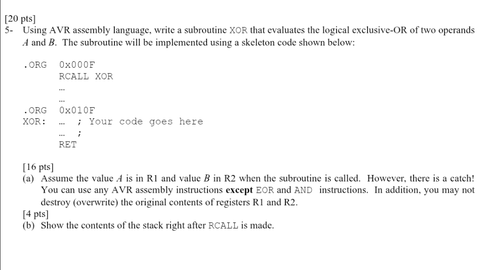 Solved [20 ﻿pts]5- ﻿Using AVR assembly language, write a | Chegg.com