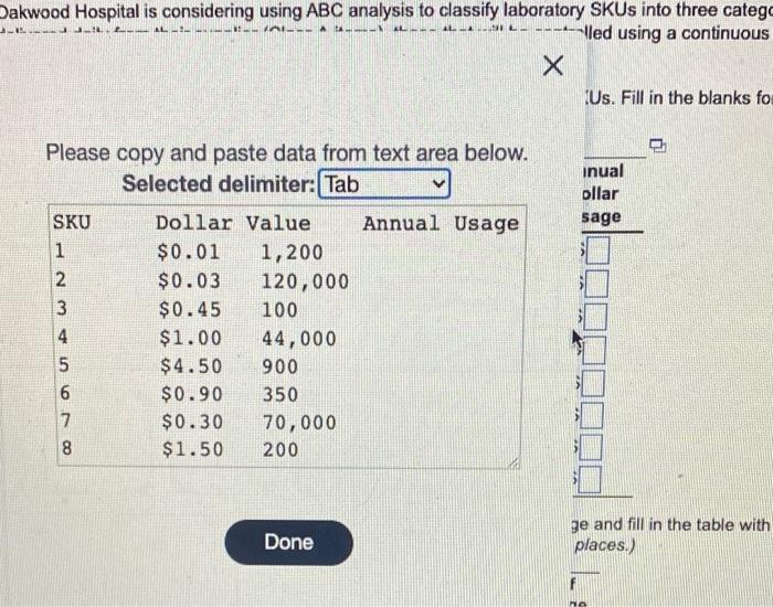 Dakwood Hospital is considering using \( \mathrm{ABC} \) analysis to classify laboratory SKUs into three catege
Us. Fill in t