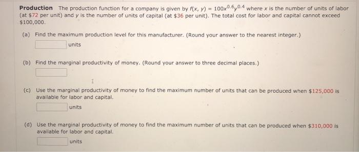Solved Production The production function for a company is | Chegg.com