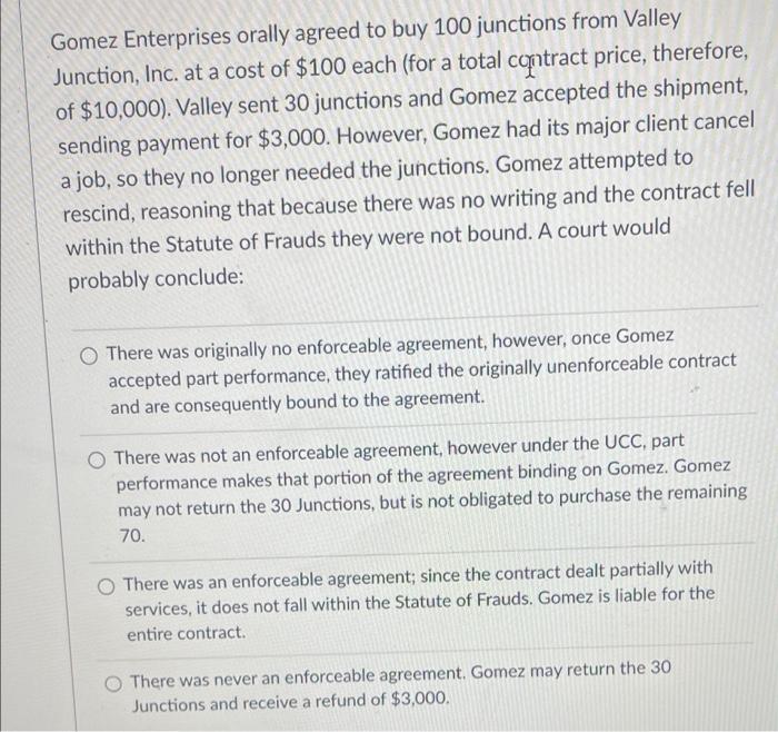 Solved Gomez Enterprises orally agreed to buy 100 junctions