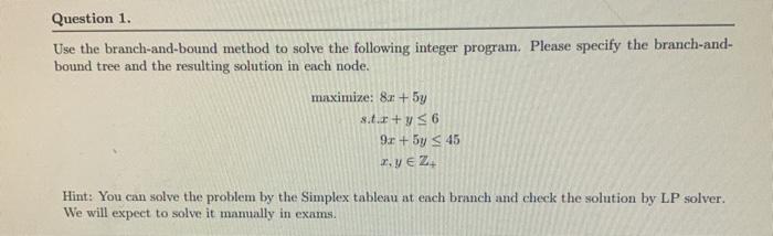 Solved Question 1. Use the branch-and-bound method to solve | Chegg.com