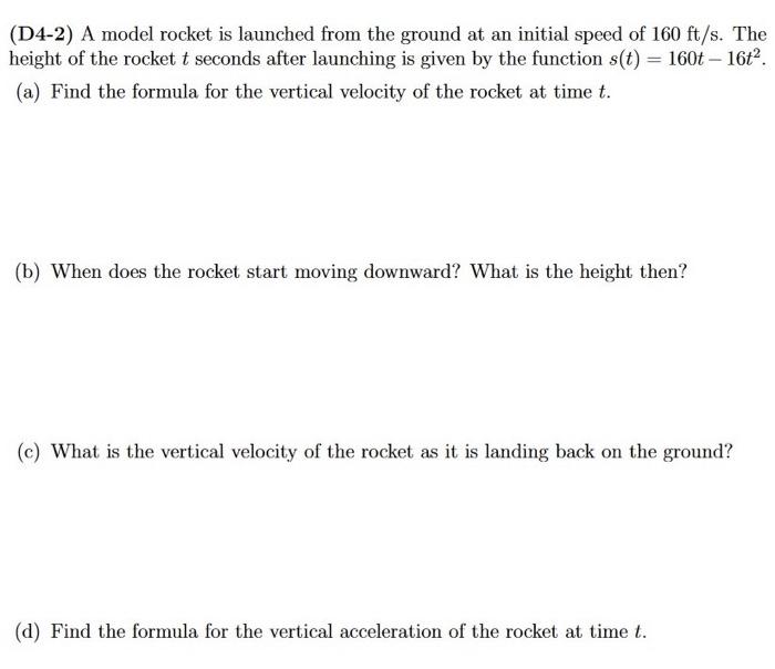 Solved (D4-2) A model rocket is launched from the ground at | Chegg.com