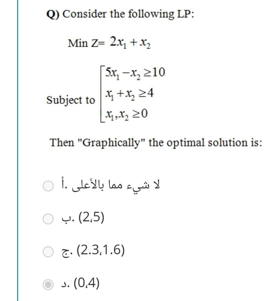 Solved Q Consider The Following Lp Min Z 2x X 5x T 10