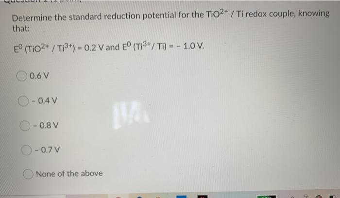 Solved Determine the standard reduction potential for the | Chegg.com