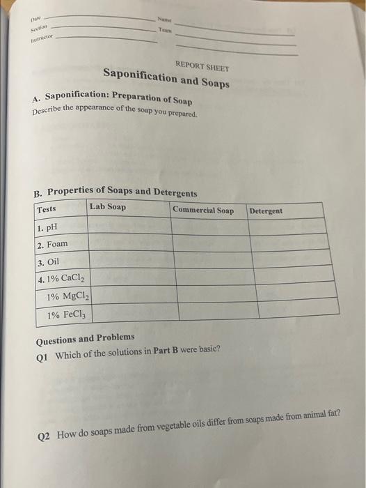 REPORT SHEET
Saponification and Soaps
A. Saponification: Preparation of Soap
Describe the appearance of the soup you prepared