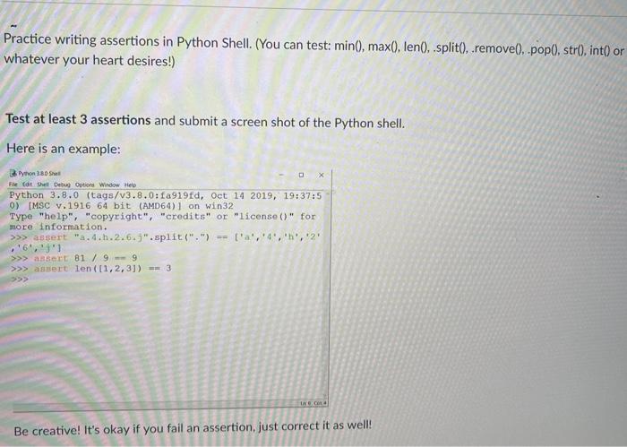 Solved Practice writing assertions in Python Shell. (You can | Chegg.com