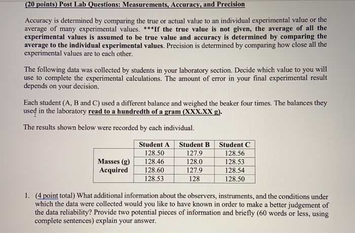 Solved 20 Points Post Lab Questions Measurements Chegg Com