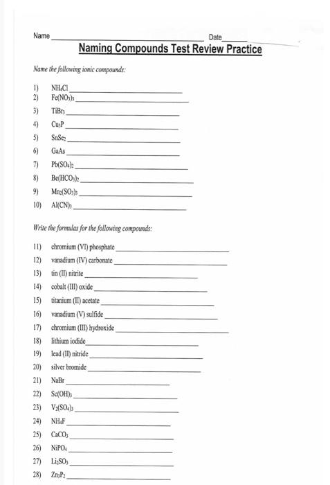 Solved Name Date Naming Compounds Test Review Practice Name 