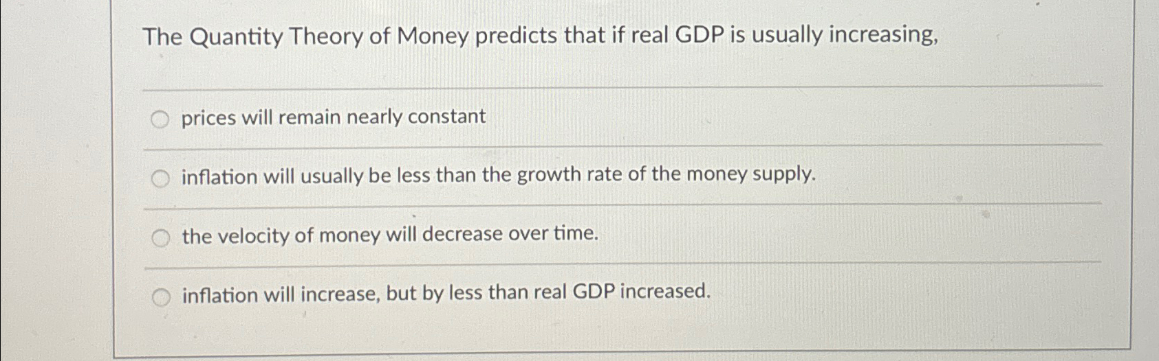 Solved The Quantity Theory of Money predicts that if real | Chegg.com
