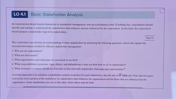 LO 4.1 Basic Stakeholder Analysis All Corporations | Chegg.com