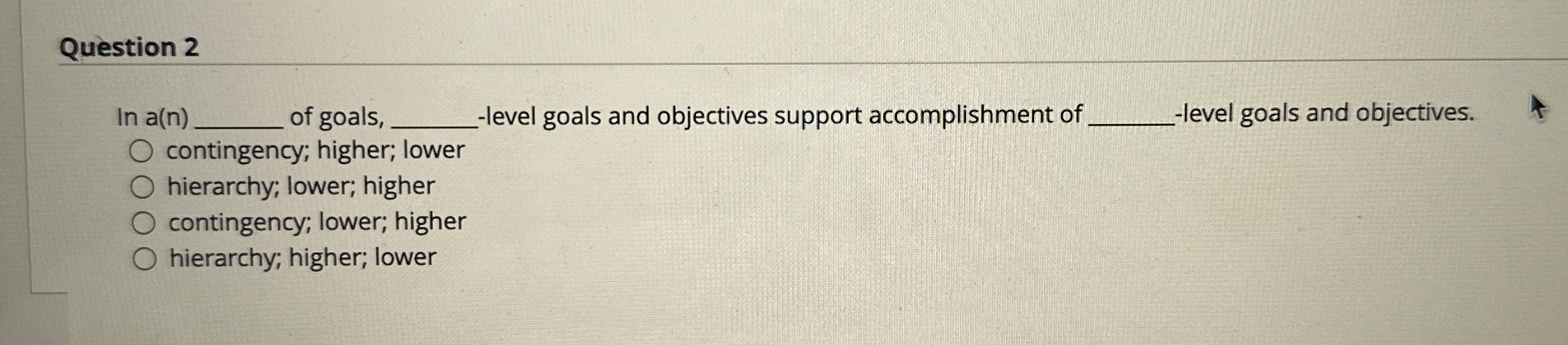 Solved Question 2In a(n)of goals,-level goals and objectives | Chegg.com