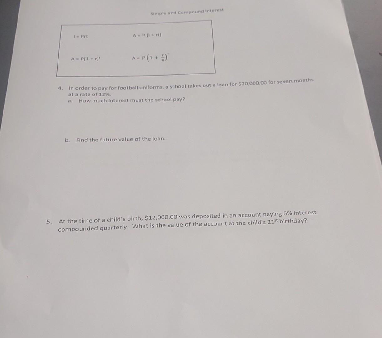 Solved Simple and compound interest 1= Prt A=P(1+rt) | Chegg.com