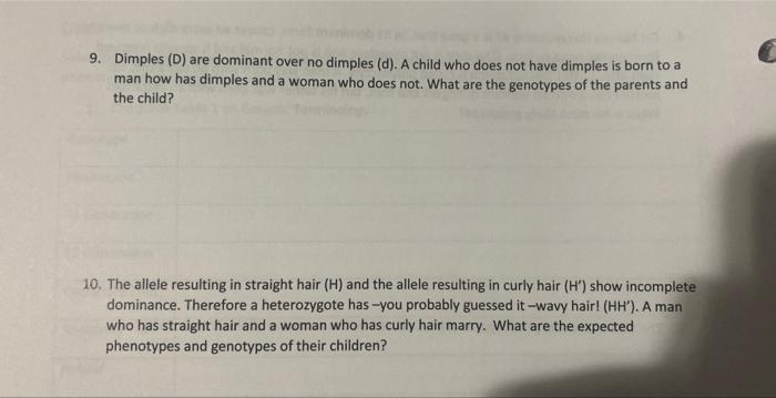 Solved 9. Dimples (D) are dominant over no dimples (d). A | Chegg.com