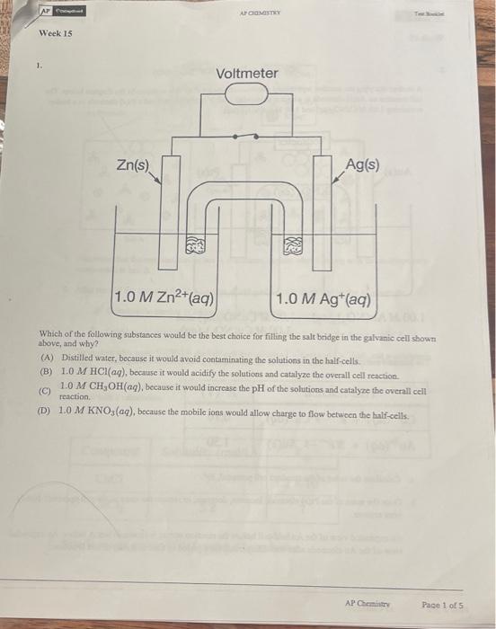 Solved AP C Week 15 AF CHEMISTRY Voltmeter Zn(s) Ag(s) 1.0 M