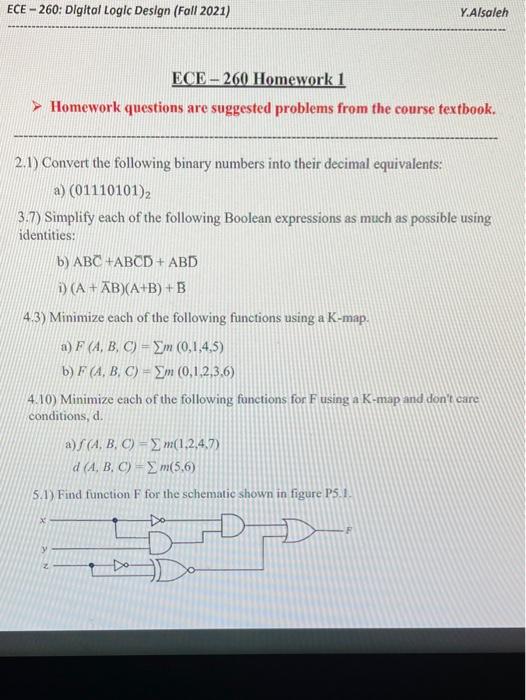 Solved ECE - 260: Digital Logic Design (Fall 2021) Y.Alsaleh | Chegg.com