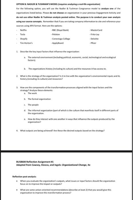 Solved OPTION B: NADLER & TUSHMAN'S MODEL (requires | Chegg.com