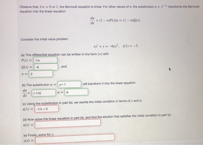 Solved Observe that, if n = 0 or 1, the Bernoulli equation | Chegg.com