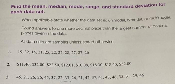 Solved Find the mean, median, mode, range, and standard | Chegg.com