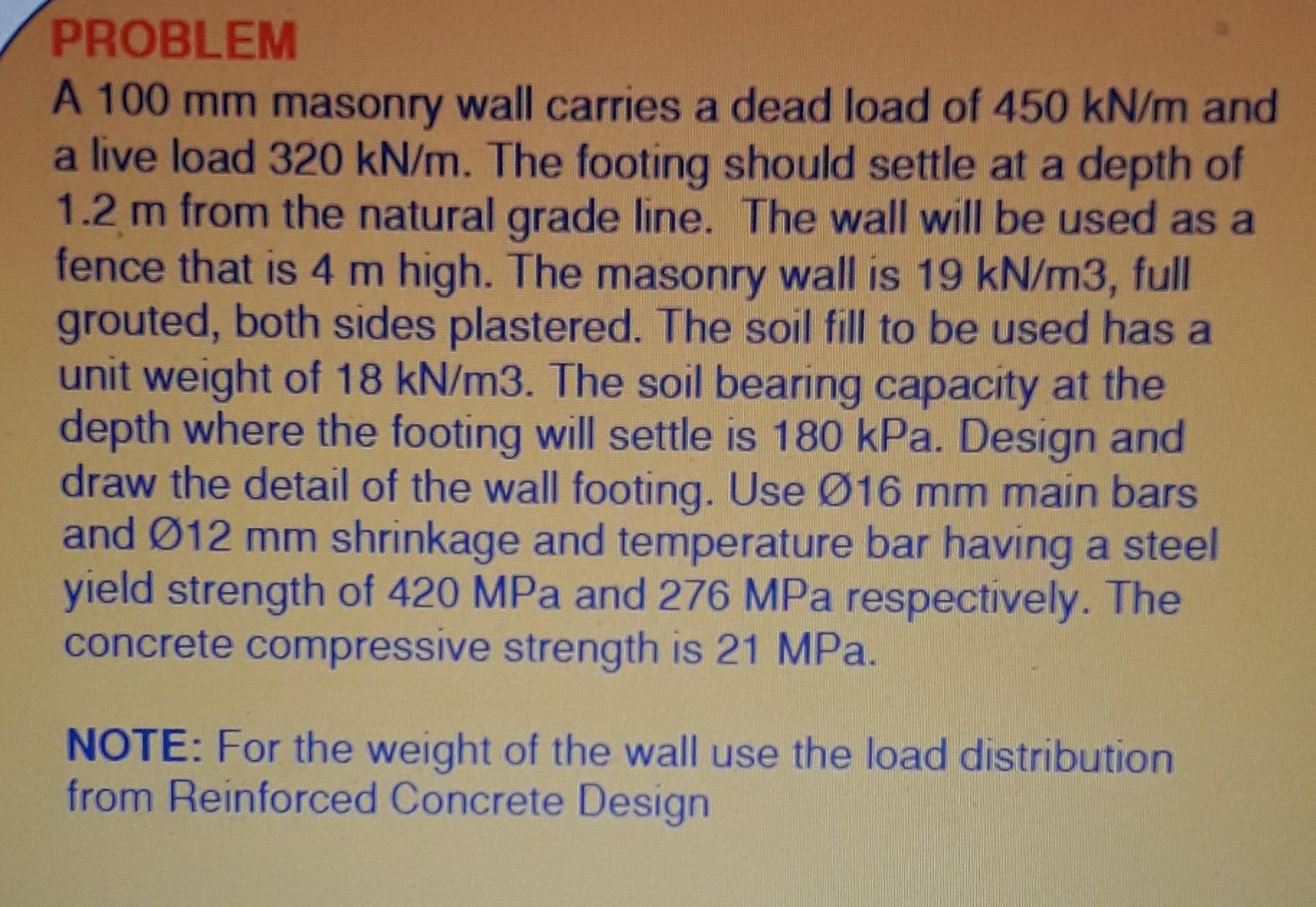 Solved a PROBLEM A 100 mm masonry wall carries a dead load | Chegg.com