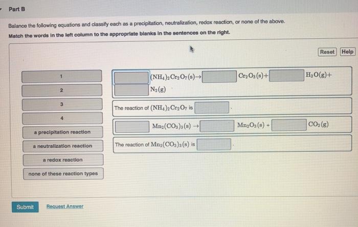 Solved Part B Balance the following equations and classify | Chegg.com