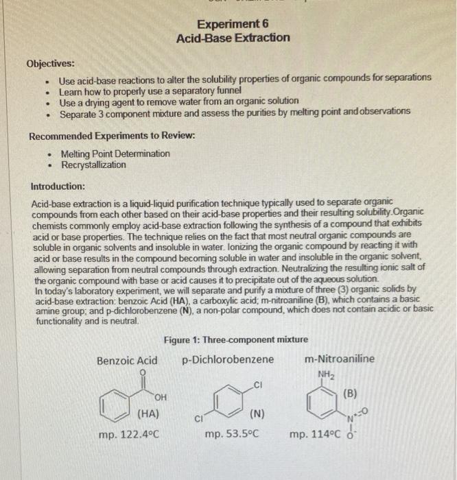 Experiment 6 AcidBase Extraction . . . Objectives