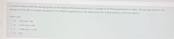 Solved A student believes that the average grade on the | Chegg.com