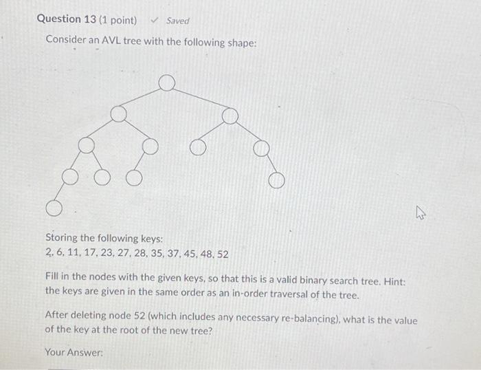 Solved Question 13 (1 point) Saved Consider an AVL tree | Chegg.com
