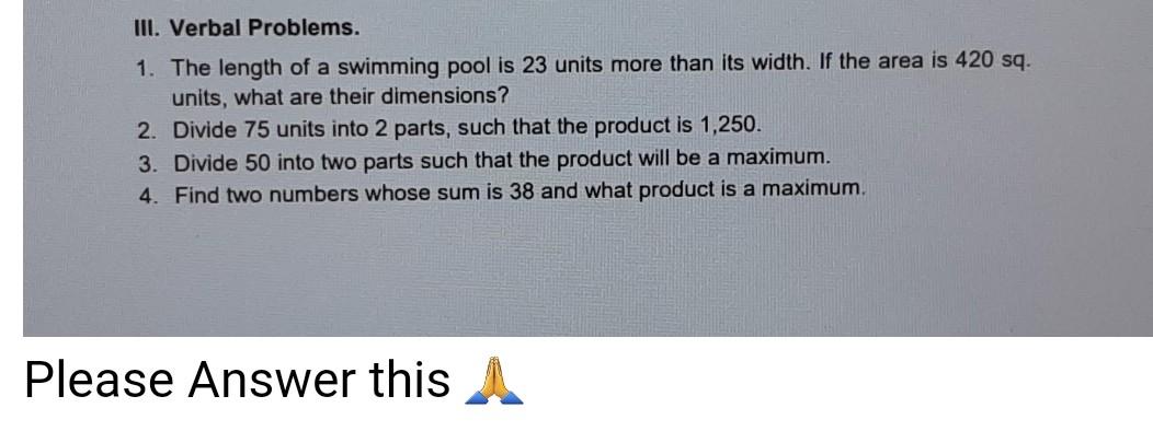 Solved III. Verbal Problems. 1. The length of a swimming | Chegg.com