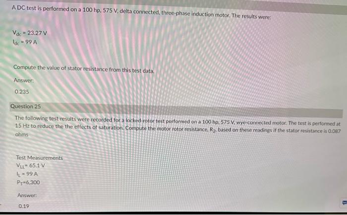 Solved A DC test is performed on a 100hp,575 V, delta | Chegg.com