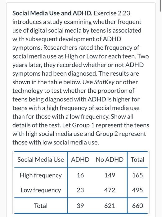 Solved Social Media Use and ADHD. Exercise 2.23 introduces a